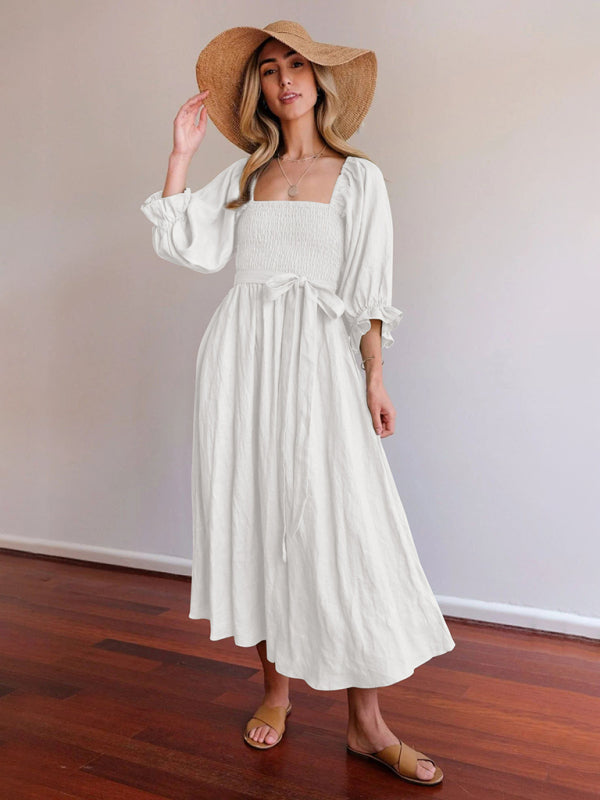 Textured Dresses- Vacation Solid A-Line Midi Dress with Tie Front & Wrap Back- White- IndioGear Fashion and Gear