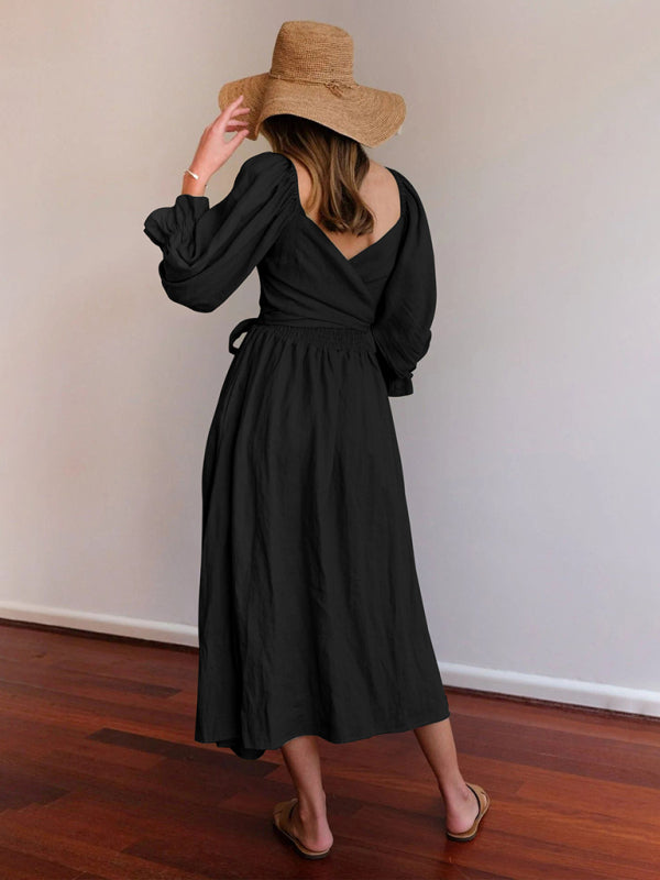 Textured Dresses- Vacation Solid A-Line Midi Dress with Tie Front & Wrap Back- - IndioGear Fashion and Gear