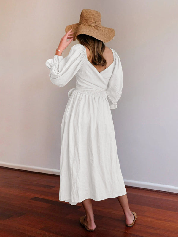 Textured Dresses- Vacation Solid A-Line Midi Dress with Tie Front & Wrap Back- - IndioGear Fashion and Gear