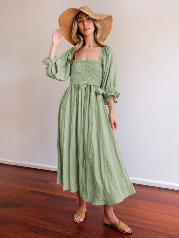 Textured Dresses- Vacation Solid A-Line Midi Dress with Tie Front & Wrap Back- Pale green- IndioGear Fashion and Gear