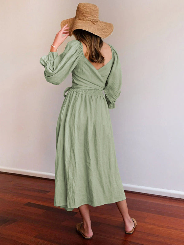 Textured Dresses- Vacation Solid A-Line Midi Dress with Tie Front & Wrap Back- - IndioGear Fashion and Gear