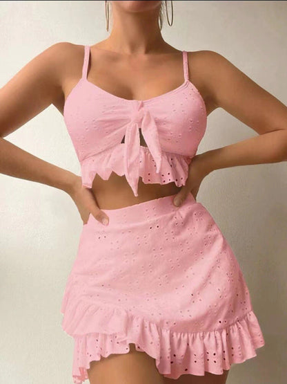 Three Piece Bikini Set- 3-Piece Bikini Swimwear Bikini & Ruffle Bra and Skirt- Pink- IndioGear Fashion and Gear