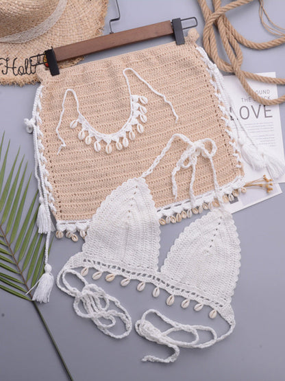 Three-Piece Crochet Bikini Set- Boho Chic Three-Piece Crochet Bikini Set with Seashell Accents- White- IndioGear Fashion and Gear