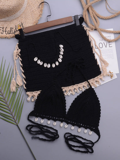 Three-Piece Crochet Bikini Set- Boho Chic Three-Piece Crochet Bikini Set with Seashell Accents- Black- IndioGear Fashion and Gear