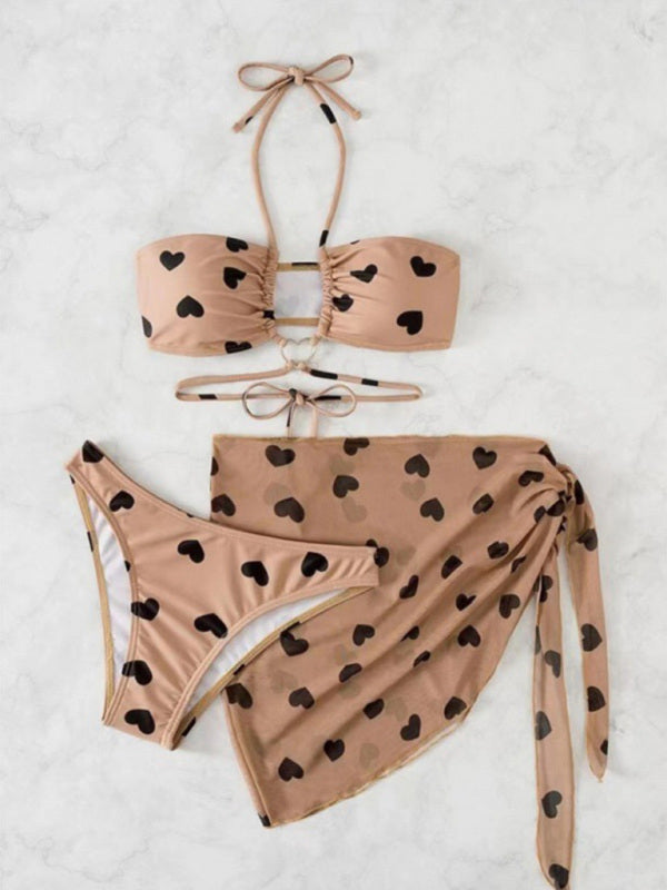 Three-Piece Swimsuit Set- Hurry and Get Yours: Heart Print Boho 3-Piece Swimsuit Set for Beach Vacation- - IndioGear Fashion and Gear