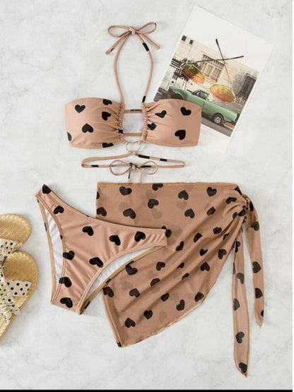 Three-Piece Swimsuit Set- Hurry and Get Yours: Heart Print Boho 3-Piece Swimsuit Set for Beach Vacation- - IndioGear Fashion and Gear