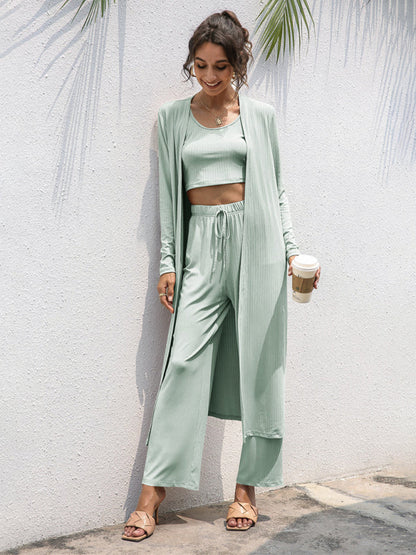 Three piece Sets - Pants- Comfy Three-Piece Cotton Set for Women Vest + Jacket + Trousers- Green- IndioGear Fashion and Gear