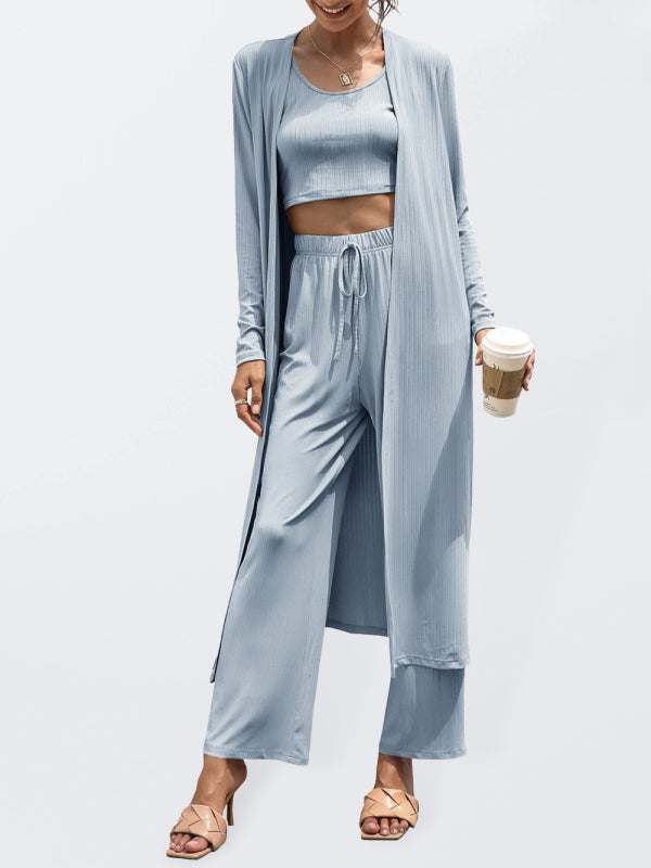 Three piece Sets - Pants- Comfy Three-Piece Cotton Set for Women Vest + Jacket + Trousers- Sky blue- IndioGear Fashion and Gear