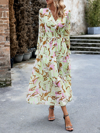 Tiered Dresses- Autumn Floral V Neck Dress: Tiered Design, Ruffle Cuffs, Elastic Waist- Green- Pekosa Women Clothing