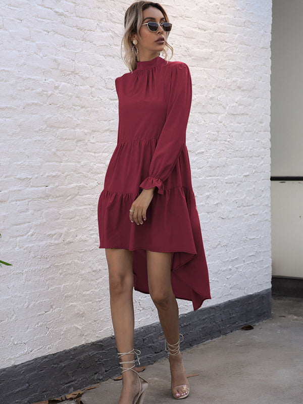 Tiered Dresses- Autumn Solid Tiered High-Neck Mini Dress with Tail- - IndioGear Clothing and Gear