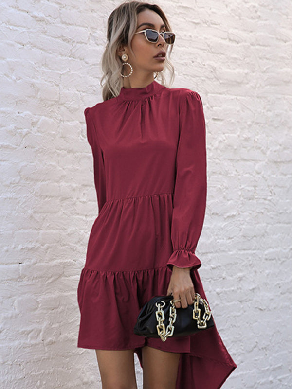 Tiered Dresses- Autumn Solid Tiered High-Neck Mini Dress with Tail- - IndioGear Clothing and Gear