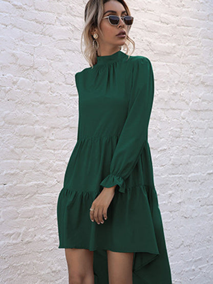 Tiered Dresses- Autumn Solid Tiered High-Neck Mini Dress with Tail- - IndioGear Clothing and Gear