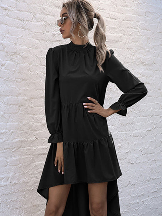 Tiered Dresses- Autumn Solid Tiered High-Neck Mini Dress with Tail- Black- IndioGear Clothing and Gear