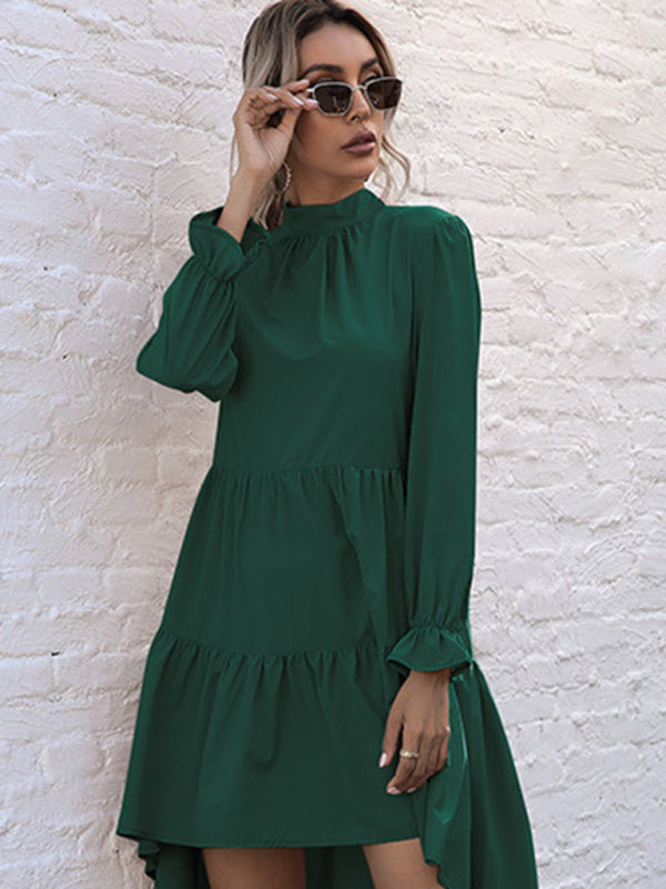 Tiered Dresses- Autumn Solid Tiered High-Neck Mini Dress with Tail- Green- IndioGear Clothing and Gear