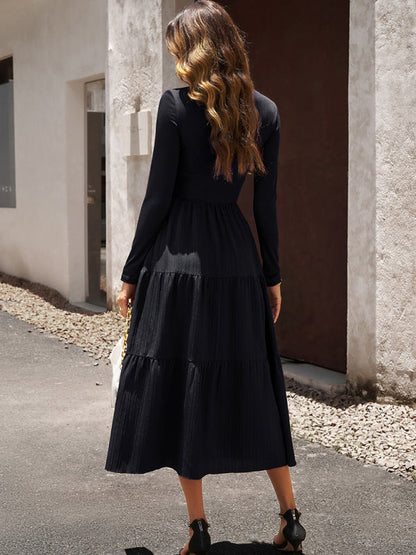 Tiered Dresses- Elegant Textured Fitted Waist Long Sleeve Tiered Dress- - IndioGear Fashion and Gear