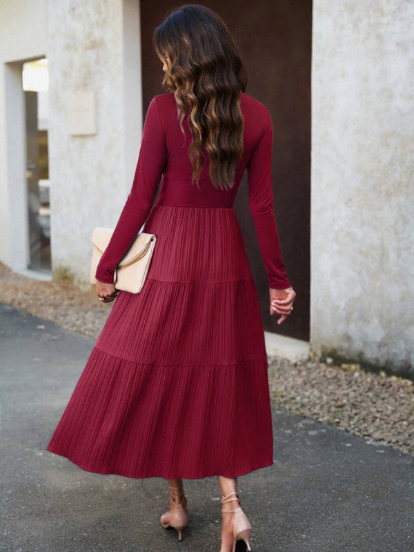 Tiered Dresses- Elegant Textured Fitted Waist Long Sleeve Tiered Dress- - IndioGear Fashion and Gear