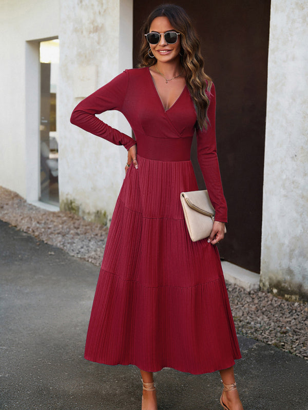 Tiered Dresses- Elegant Textured Fitted Waist Long Sleeve Tiered Dress- - IndioGear Fashion and Gear