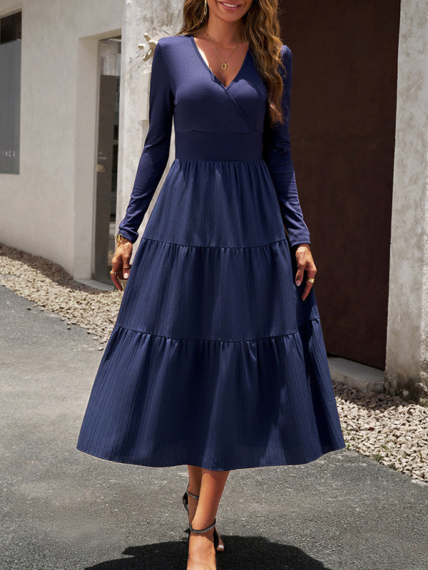 Tiered Dresses- Elegant Textured Fitted Waist Long Sleeve Tiered Dress- - IndioGear Fashion and Gear