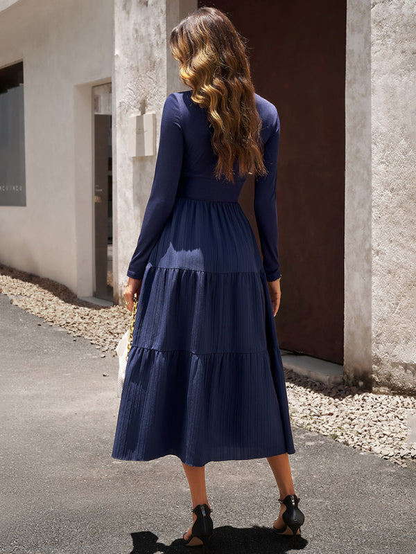 Tiered Dresses- Elegant Textured Fitted Waist Long Sleeve Tiered Dress- - IndioGear Fashion and Gear