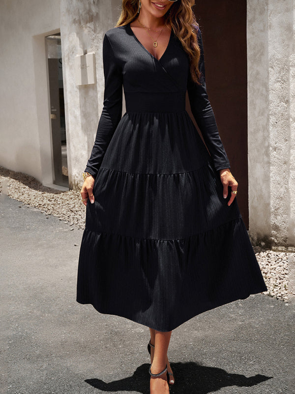 Tiered Dresses- Elegant Textured Fitted Waist Long Sleeve Tiered Dress- Black- IndioGear Fashion and Gear