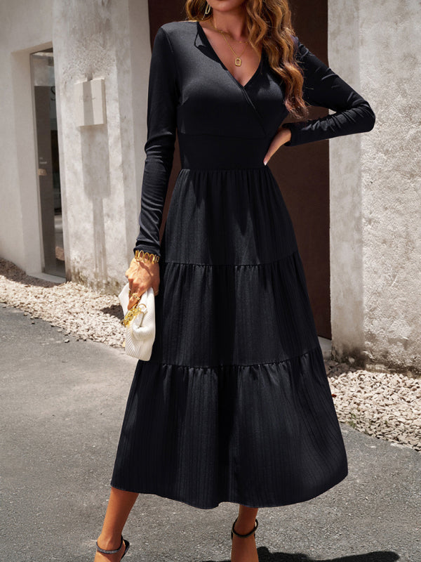 Tiered Dresses- Elegant Textured Fitted Waist Long Sleeve Tiered Dress- - IndioGear Fashion and Gear