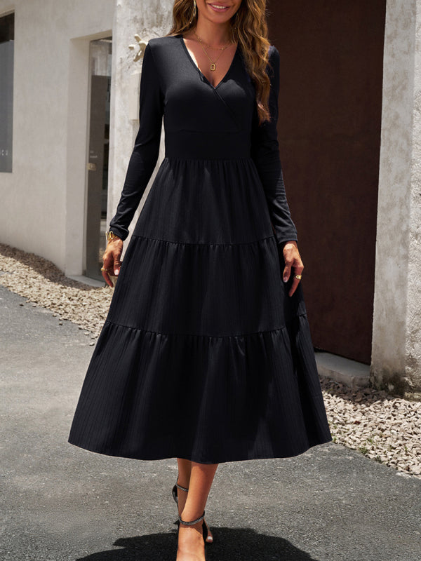 Tiered Dresses- Elegant Textured Fitted Waist Long Sleeve Tiered Dress- - IndioGear Fashion and Gear