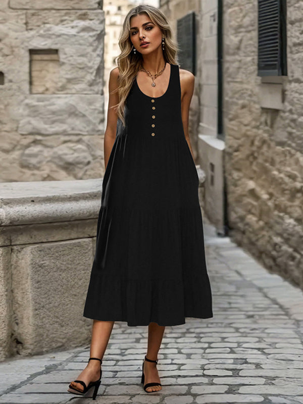 Tiered Dresses- Flowy Solid A-Line Tiered Tank Midi Dress- Chuzko Women Clothing