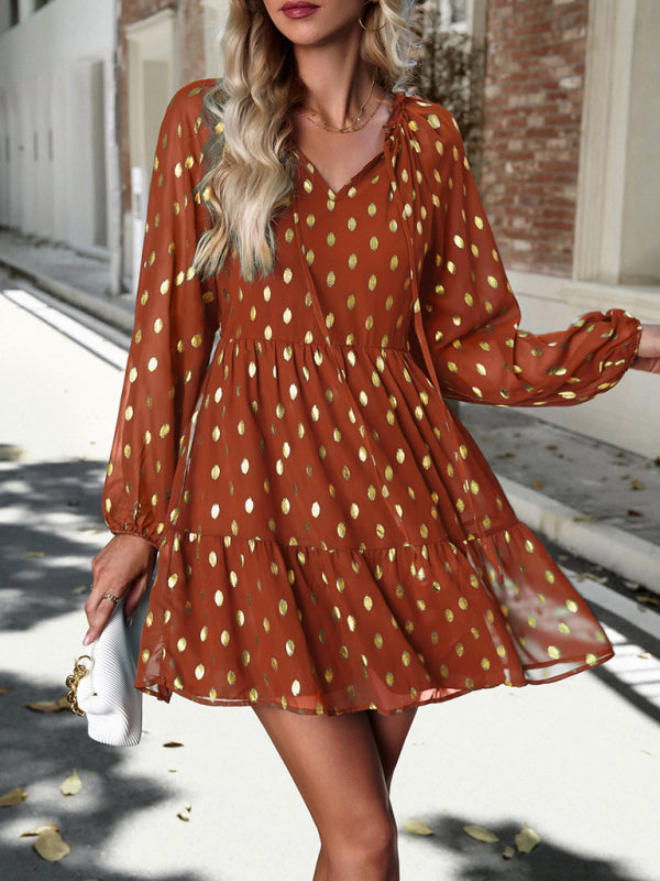 Tiered Dresses- Gold Dot Chiffon V Neck Long Sleeve Tiered Dress- caramel- IndioGear Fashion and Gear