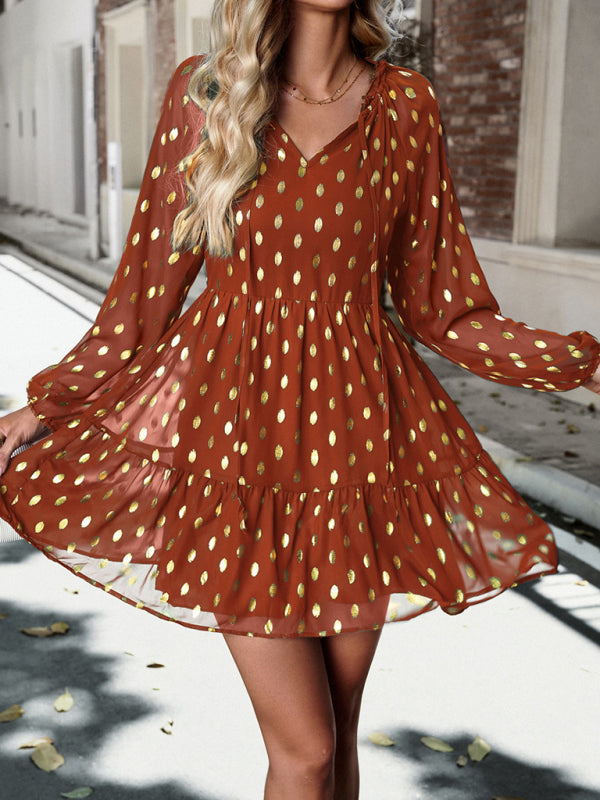 Tiered Dresses- Gold Dot Chiffon V Neck Long Sleeve Tiered Dress- - IndioGear Fashion and Gear