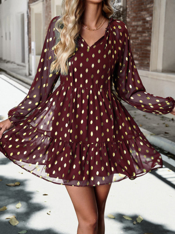 Tiered Dresses- Gold Dot Chiffon V Neck Long Sleeve Tiered Dress- Wine Red- IndioGear Fashion and Gear