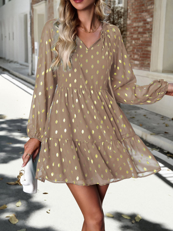 Tiered Dresses- Gold Dot Chiffon V Neck Long Sleeve Tiered Dress- - IndioGear Fashion and Gear