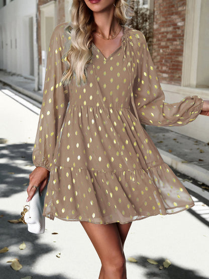 Tiered Dresses- Gold Dot Chiffon V Neck Long Sleeve Tiered Dress- - IndioGear Fashion and Gear