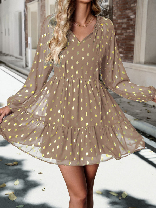 Tiered Dresses- Gold Dot Chiffon V Neck Long Sleeve Tiered Dress- - IndioGear Fashion and Gear