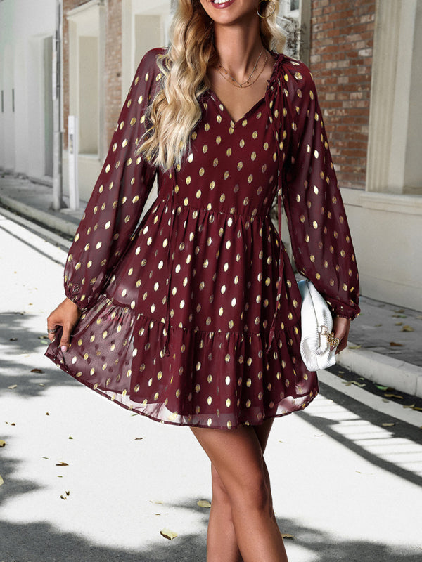 Tiered Dresses- Gold Dot Chiffon V Neck Long Sleeve Tiered Dress- - IndioGear Fashion and Gear