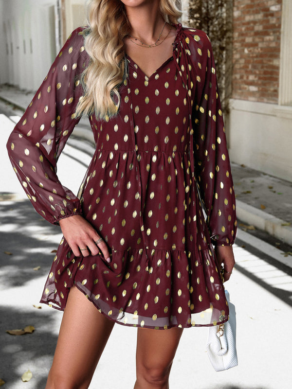 Tiered Dresses- Gold Dot Chiffon V Neck Long Sleeve Tiered Dress- - IndioGear Fashion and Gear