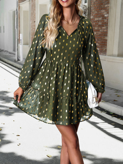 Tiered Dresses- Gold Dot Chiffon V Neck Long Sleeve Tiered Dress- - IndioGear Fashion and Gear