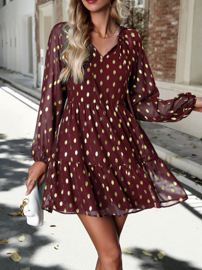 Tiered Dresses- Gold Dot Chiffon V Neck Long Sleeve Tiered Dress- - IndioGear Fashion and Gear