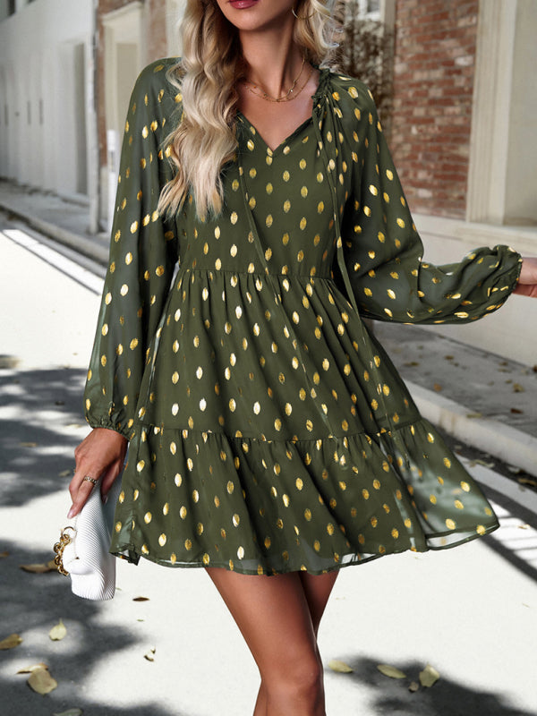 Tiered Dresses- Gold Dot Chiffon V Neck Long Sleeve Tiered Dress- - IndioGear Fashion and Gear