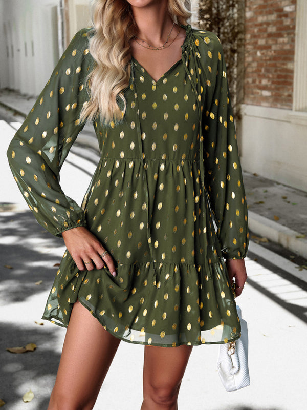 Tiered Dresses- Gold Dot Chiffon V Neck Long Sleeve Tiered Dress- Olive green- IndioGear Fashion and Gear