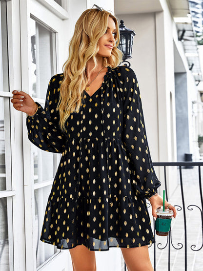 Tiered Dresses- Golden Dots Print Tiered Long Sleeve Dress- - IndioGear Fashion and Gear