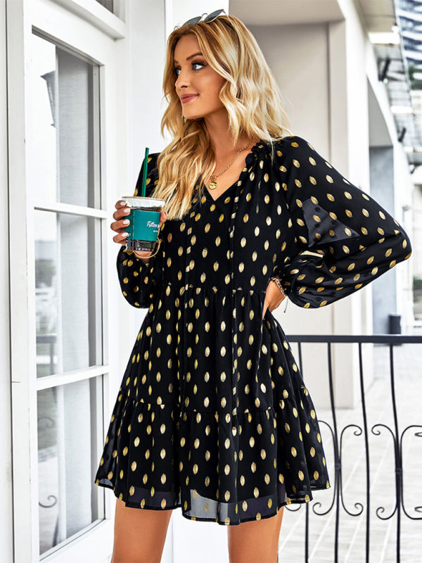 Tiered Dresses- Golden Dots Print Tiered Long Sleeve Dress- - IndioGear Fashion and Gear