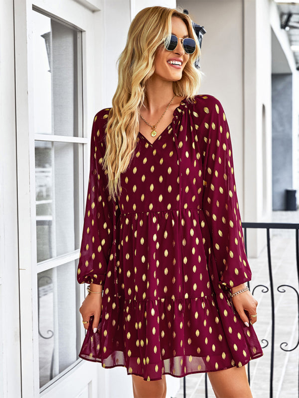 Tiered Dresses- Golden Dots Print Tiered Long Sleeve Dress- Wine Red- IndioGear Fashion and Gear