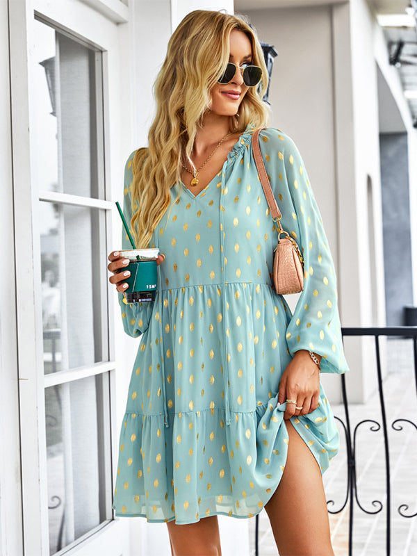 Tiered Dresses- Golden Dots Print Tiered Long Sleeve Dress- - IndioGear Fashion and Gear