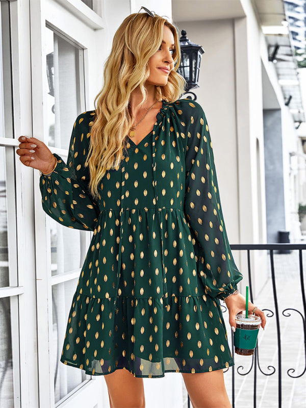 Tiered Dresses- Golden Dots Print Tiered Long Sleeve Dress- - IndioGear Fashion and Gear