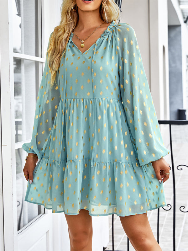 Tiered Dresses- Golden Dots Print Tiered Long Sleeve Dress- - IndioGear Fashion and Gear