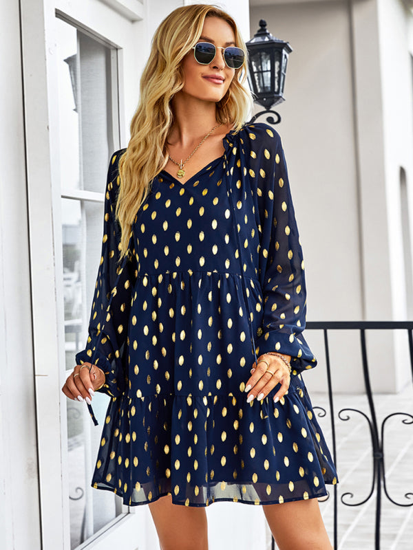 Tiered Dresses- Golden Dots Print Tiered Long Sleeve Dress- - IndioGear Fashion and Gear