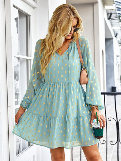 Tiered Dresses- Golden Dots Print Tiered Long Sleeve Dress- - IndioGear Fashion and Gear