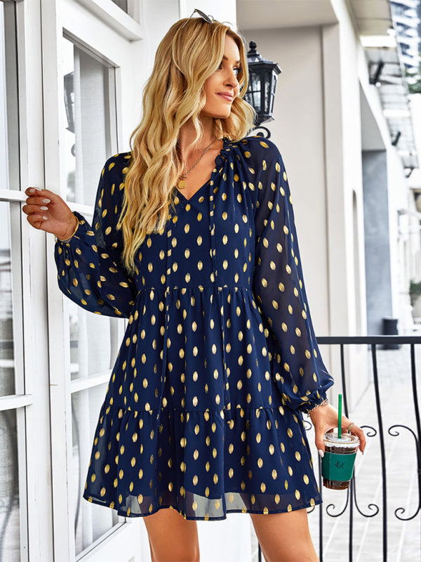 Tiered Dresses- Golden Dots Print Tiered Long Sleeve Dress- - IndioGear Fashion and Gear