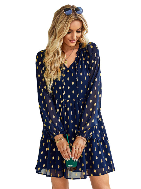 Tiered Dresses- Golden Dots Print Tiered Long Sleeve Dress- - IndioGear Fashion and Gear