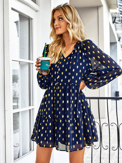 Tiered Dresses- Golden Dots Print Tiered Long Sleeve Dress- - IndioGear Fashion and Gear